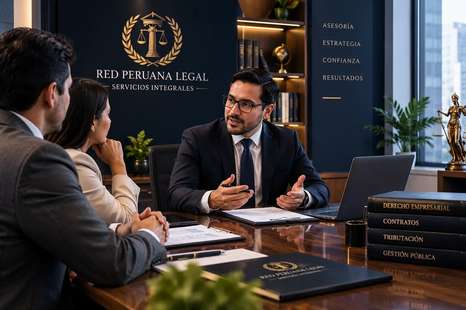 Reunión de asesoría legal entre profesionales y clientes en un espacio corporativo.