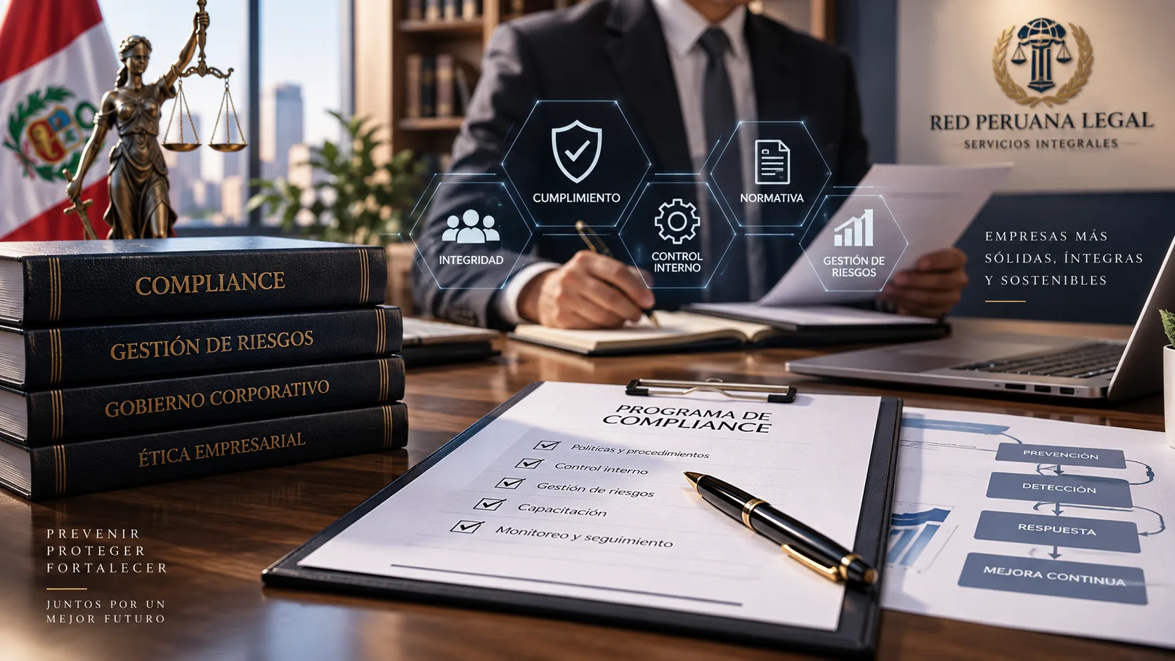 Elementos relacionados con compliance empresarial, gestión de riesgos y cumplimiento normativo en una organización.