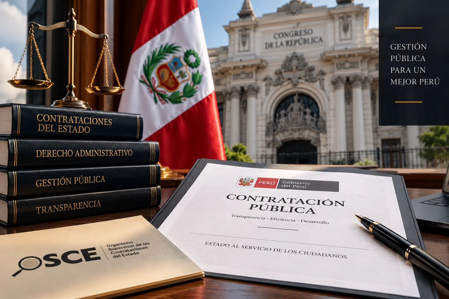 Documentos relacionados con contrataciones del Estado junto a elementos jurídicos e institucionales del Perú.